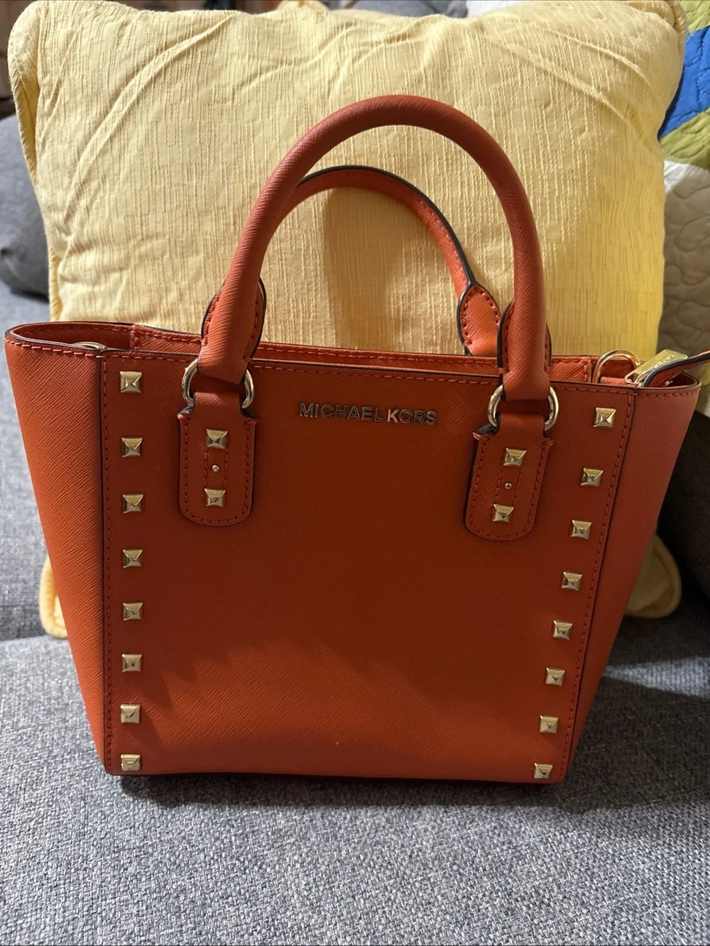 Michael Kors Orange Studded Saffiano Satchel